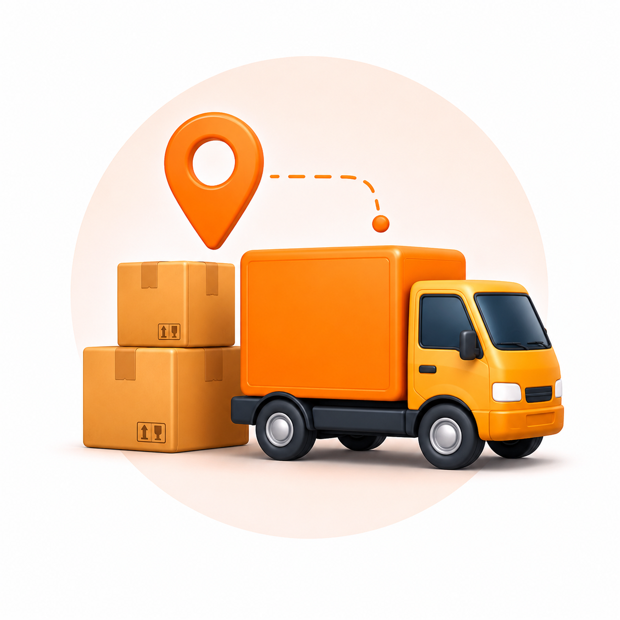 ChatGPT Image Jun 29, 2026, 05_43_18 PM Orange delivery truck with stacked boxes and a location pin indicating delivery routing.