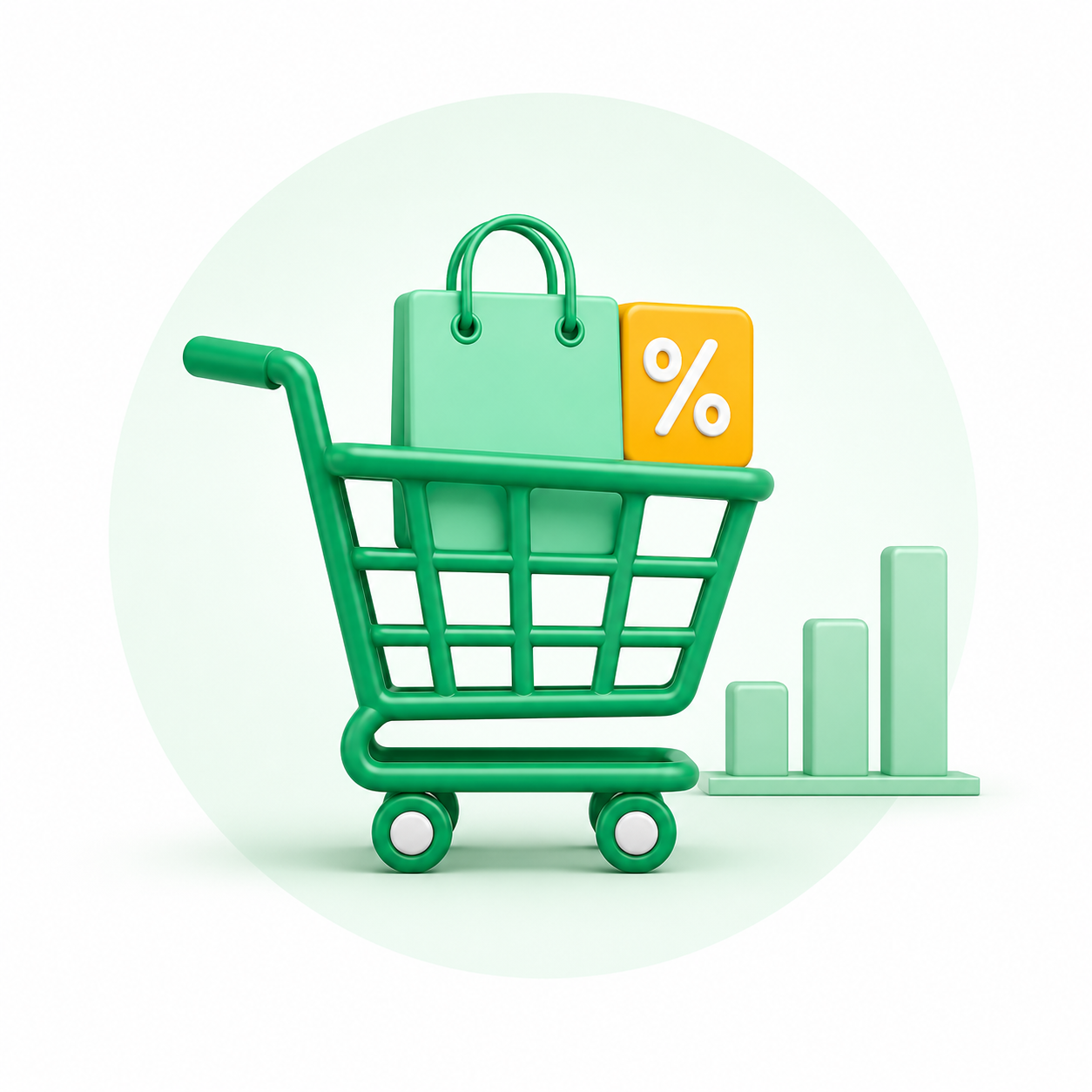 ChatGPT Image Jun 29, 2026, 05_43_20 PM Green shopping cart with a discount tag and a percent symbol, next to a rising bar chart suggesting sales or discounts