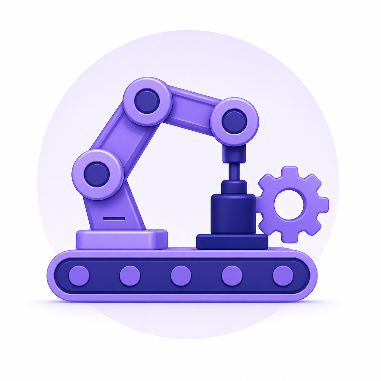 ChatGPT Image Jun 29, 2026, 05_43_21 PM Purple robotic arm operating on a conveyor belt with a gear nearby in a factory scene