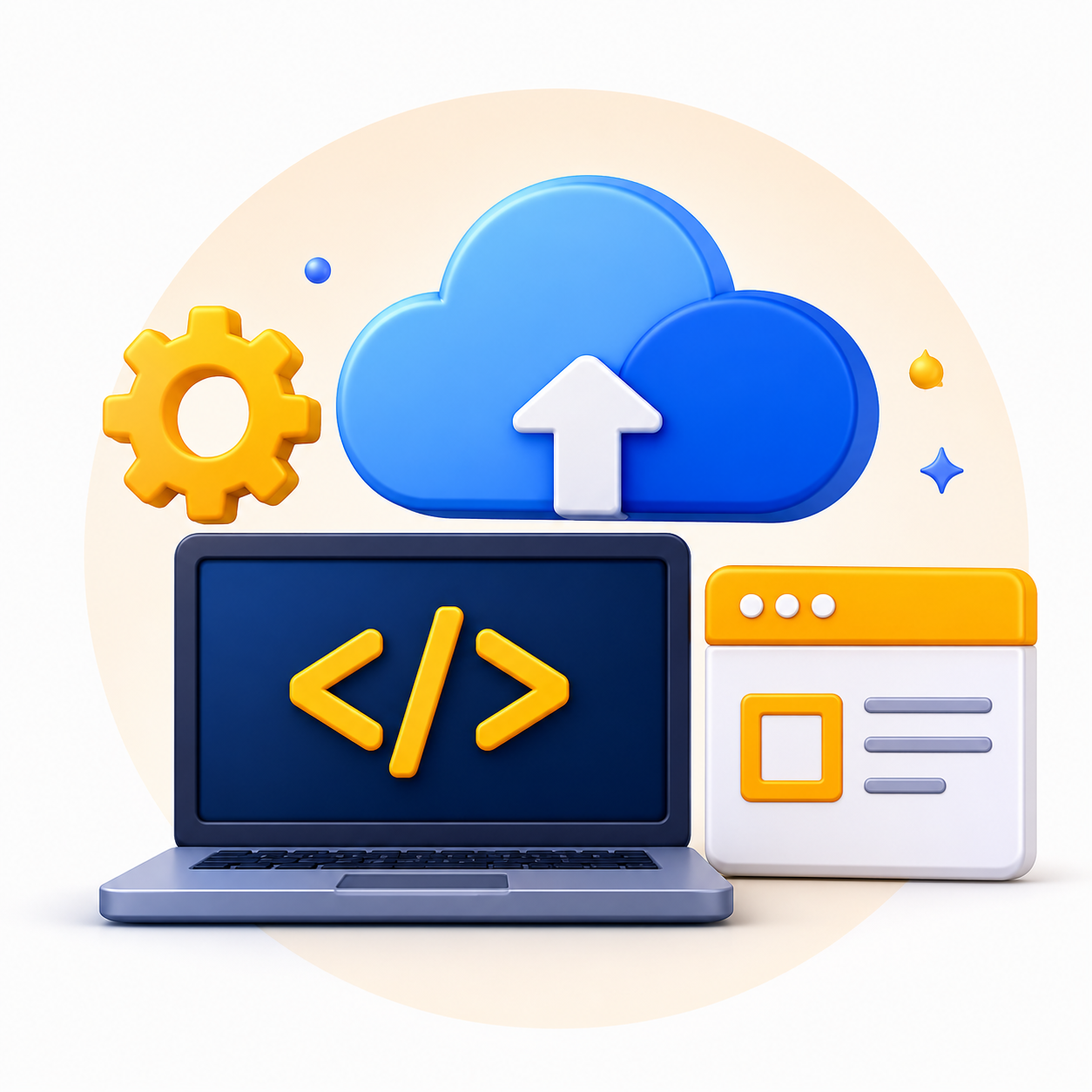 ChatGPT Image Jun 29, 2026, 05_43_26 PM Illustration of a laptop displaying code with a cloud upload icon above and a yellow gear nearby, symbolizing cloud-based development.