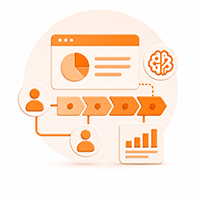 Sales & CRM Automation Illustration of a data analytics workflow with a dashboard, a pie chart, flow arrows, user icons, and a brain symbol for insights.